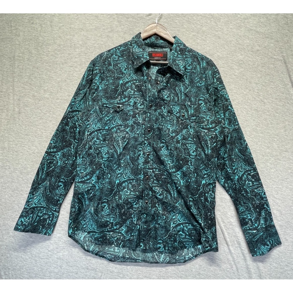 Rock & Roll Denim Modern Western Shirt Mens L Turquoise Black Paisley Pearl Snap
